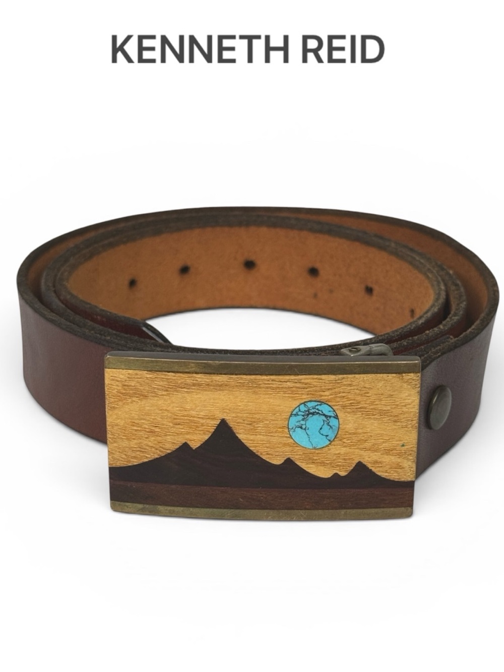 VINTAGE KENNETH REID SOUTHWESTERN WOOD INLAY TURQUOISE BRASS BUCKLE & BELT